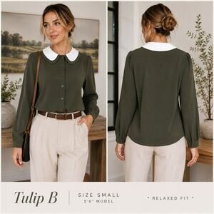 Tulip B Small Army Green Peter Pan Collar Long Sleeve Blouse